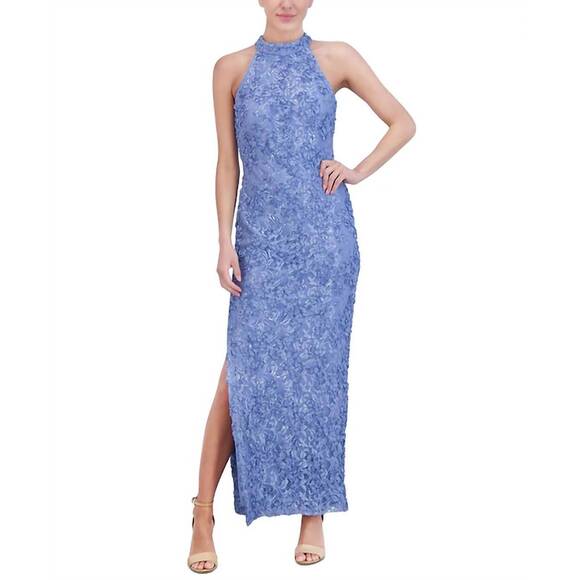 NEW JESSICA HOWARD embellished lace halter gown in blue sequins